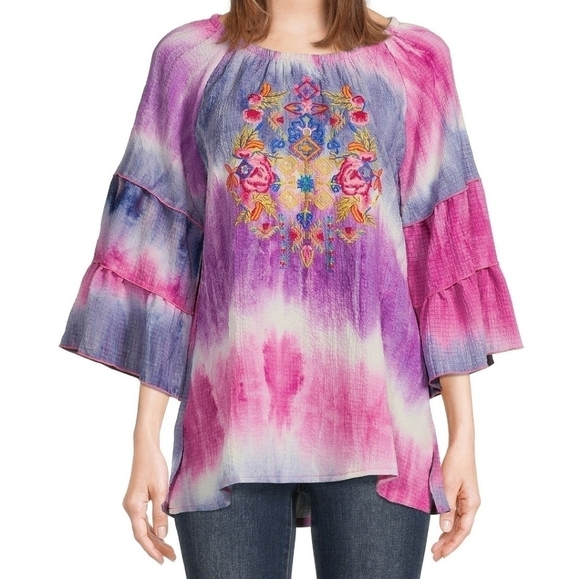 Calessa Tops - Calessa Tie Dye Floral Embroidered Round Neck Tunic Top 2X Wide Bell Sleeves
